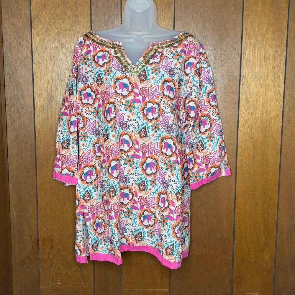 Boho‎ Tunic Top Womens XL Elephant Floral Print Pink Sequin Lotus Cottagecore